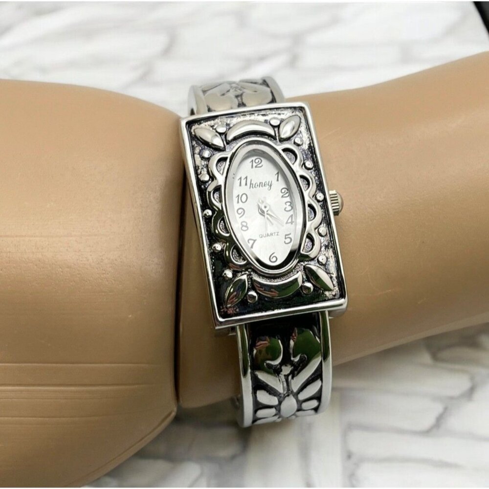 Honey Womens Cuff Watch Silver Tone Bracelet Intricate Floral Pattern Quartz